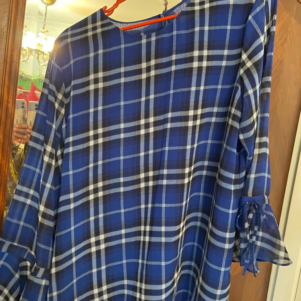 Blue Plaid Blouse with Bell Sleeves